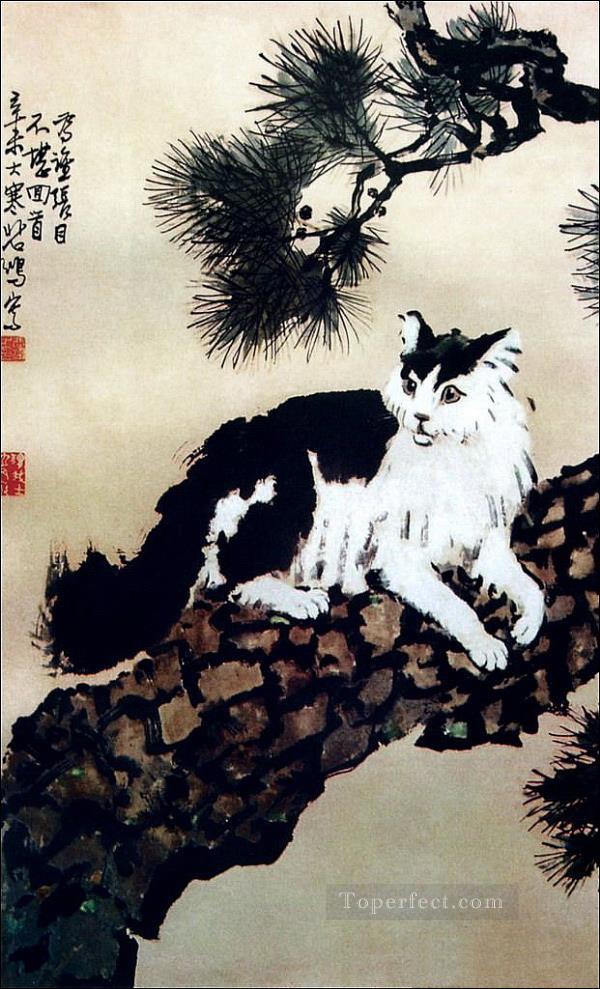Gato Xu Beihong en un árbol chino antiguo Pintura al óleo
